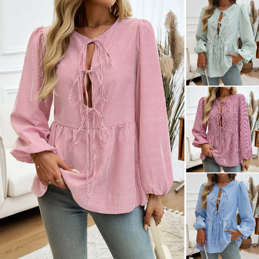 Casual Loose Striped Lace-up Shirt