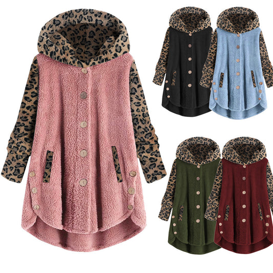 Button Long Sleeve Leopard Splicing Hooded Plush Coat For Women